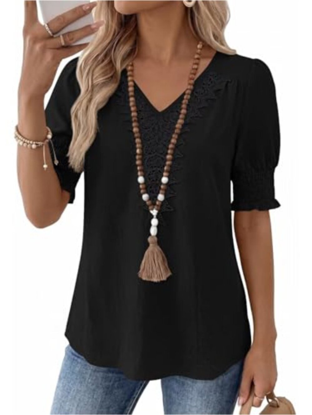 Womens Boho Lace V Neck Short Puff Sleeve Flowy Tunic Top Summer Blouse
